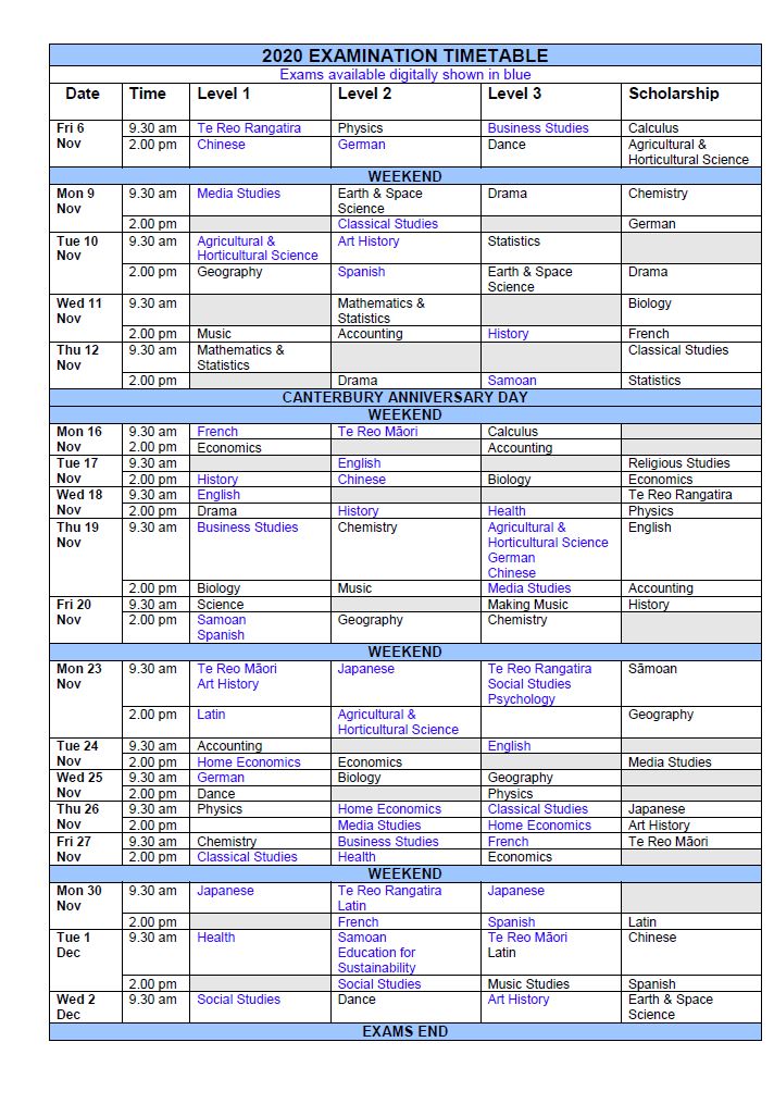 2020 NCEA Examination Timetable Collingwood Area School